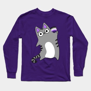 Asexual Pride Flag Waving Grey Tabby Cat Queer LGBTQIA asexuality Long Sleeve T-Shirt